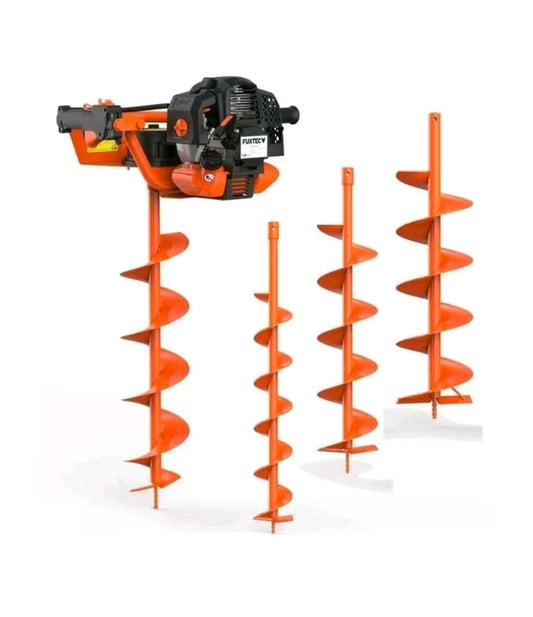 Schwarz-orangener Erdbohrer mit verschiedenen Bohraufsätzen.