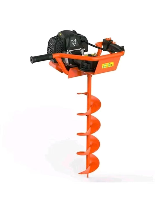 Schwarz-orangener Erdbohrer mit seitlichen Handgriffen und großem Bohraufsatz.