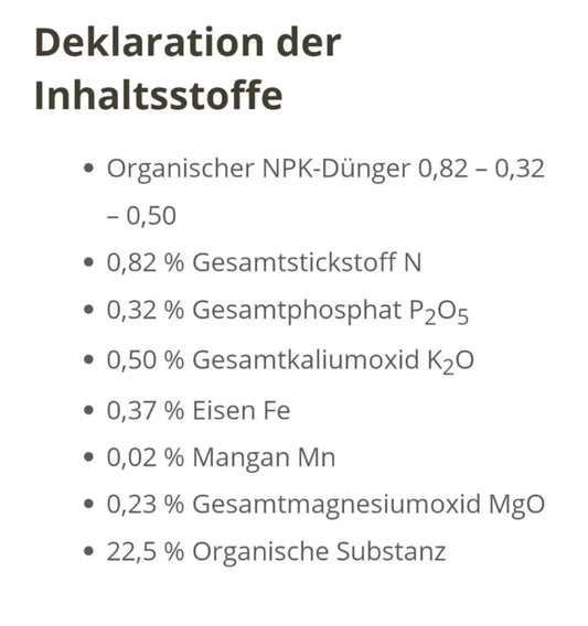 Organischer NPK-Dünger 0,82-0,32-0,50
0,82% Gesamtstickstoff N
0,32% Gesamtphosphat P2O5
0,50% Gesamtkaliumoxid K2O
0,37% Eisen Fe
0,02% Mangan Mn
0,23% Gesamtmagnesiumoxid MgO
22,5% Organische Substanz