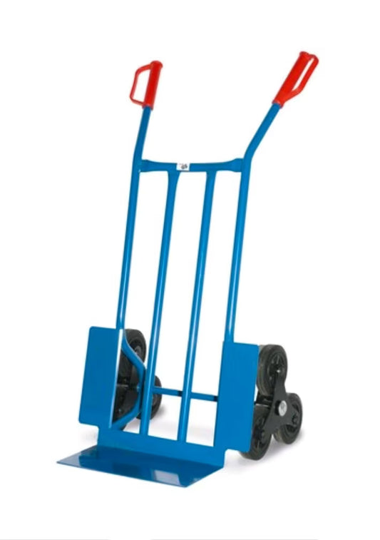 Eine blaue Treppensackkarre. Ideal zum Transportieren von Dingen, und dank der sechs Räder sogar über Treppen hinweg nutzbar.